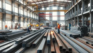 Workers engaged in structural steel fabrication in a well-equipped workshop environment.