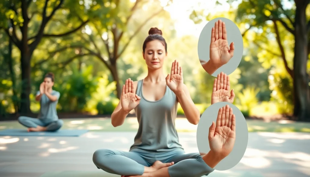 Practitioner demonstrating Yoga mudras in a tranquil outdoor setting, showcasing hand gestures.