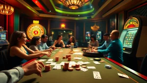 Exciting casino atmosphere with players engaging in games, highlighting 888b vibes and action.
