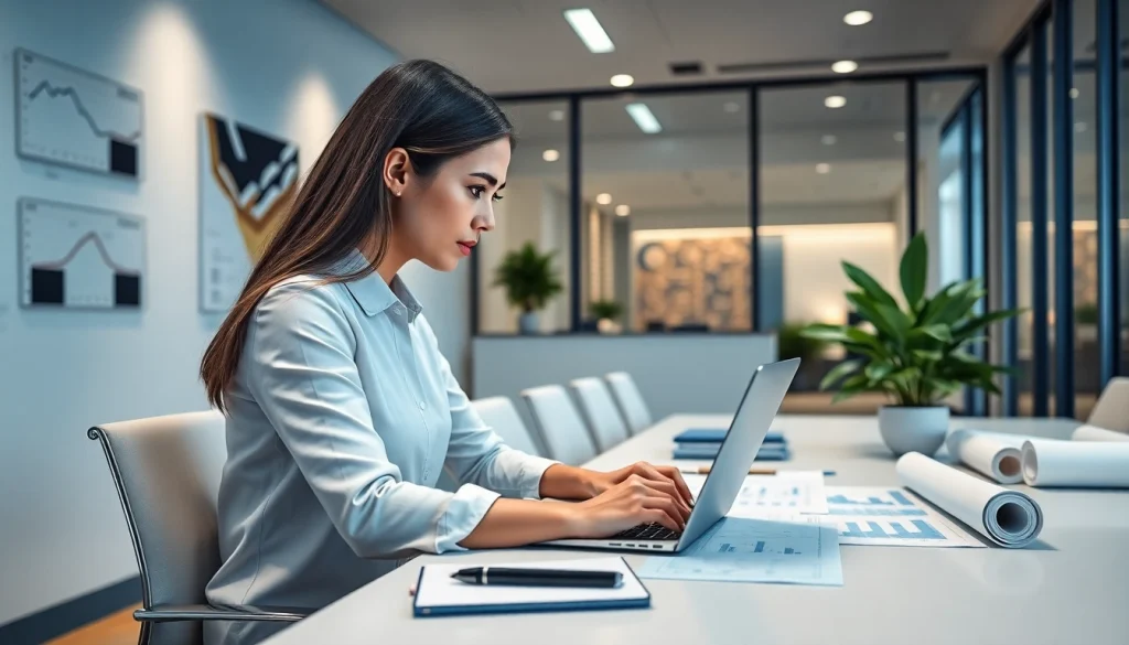 Księgowość dla spółki budowlanej w nowoczesnym biurze; profesjonalny księgowy analizujący finanse.