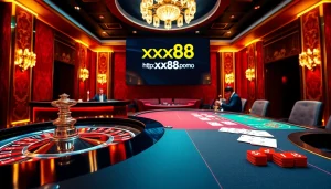 Engaging casino scene featuring the website https://xx88.promo/ with roulette, poker, and vibrant atmosphere.