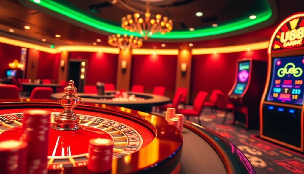 Exciting gambling scene with the uu88,com logo on a slot machine and casino elements alive with action.
