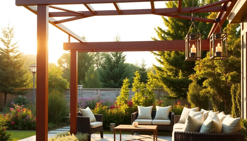 Elegant modern steel pergola providing shade in a vibrant garden setting.