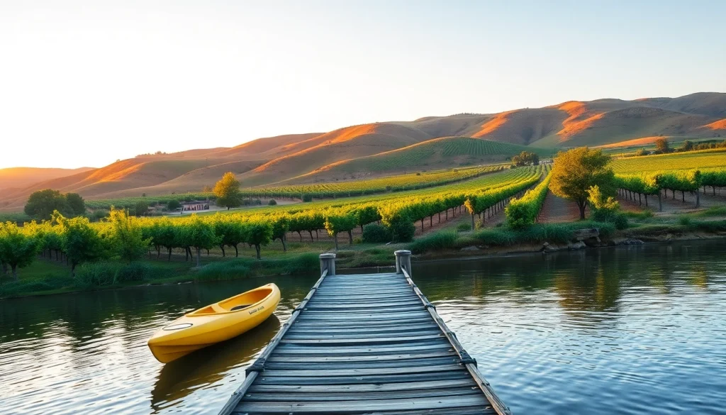 Scenic view of Clarksburg CA showcasing vineyards and the Sacramento River at sunset.