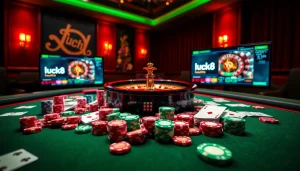Experience the thrill of luck8 with vibrant casino games, poker chips, and a roulette wheel.
