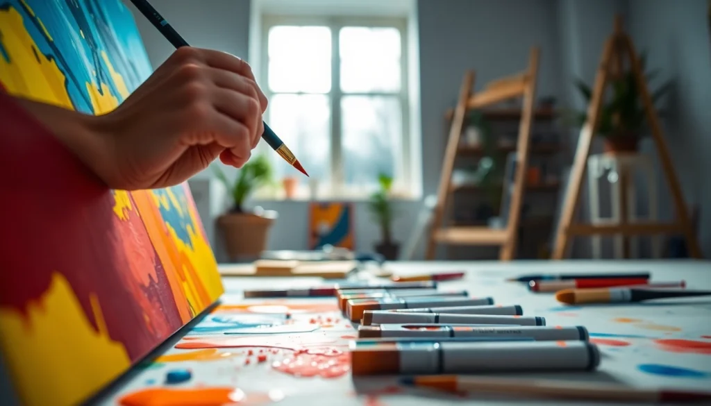 Creating vibrant artwork at https://acrylicpedia.com with an artist's hands and colorful paint.