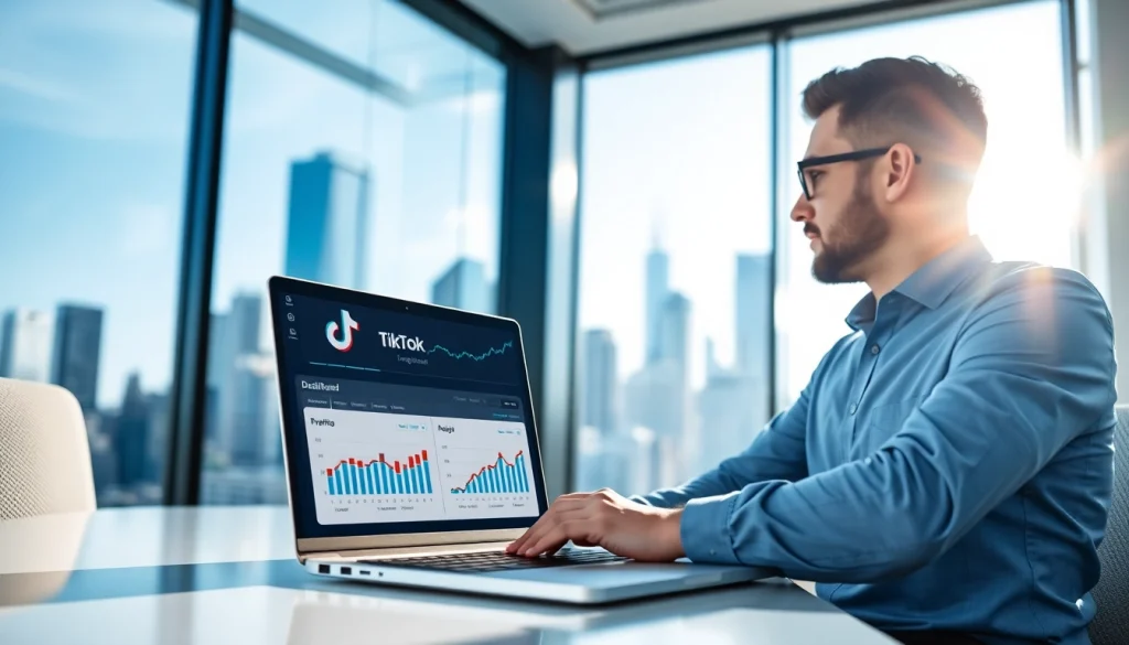 Analyze TikTok SMM panel data on a laptop in a bright, modern office setting