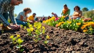 Engage in Gardening as hands plant seedlings in a community garden filled with colorful flowers.