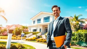 Real Estate agent presenting a stunning property in an upscale neighborhood, highlighting a welcoming atmosphere.