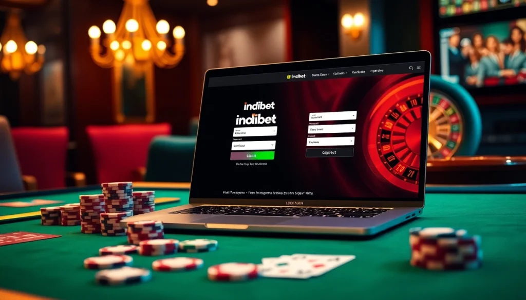 Securely access your Indibet login on a modern laptop set within an inviting casino atmosphere.