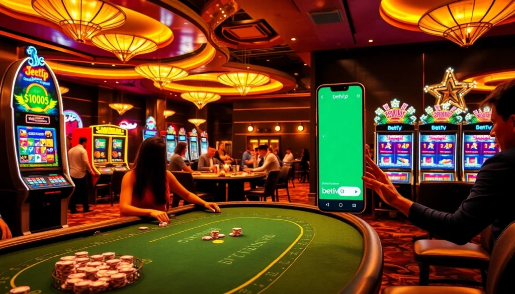 Cảnh cờ bạc đầy phấn khích với người chơi tại bàn Betvip và các giao diện kỹ thuật số trong một casino sang trọng.