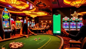 Cảnh cờ bạc đầy phấn khích với người chơi tại bàn Betvip và các giao diện kỹ thuật số trong một casino sang trọng.