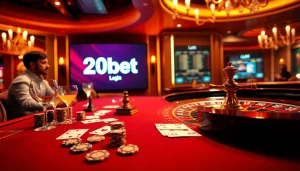 Engage in thrilling gameplay at the 20bet Login table, featuring chips, cards, and roulette.