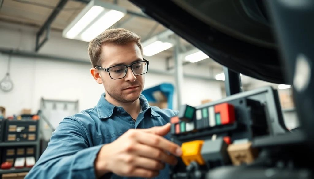 Mechanic examining fuses at https://bezpieczniki24.pl in an organized workshop environment.