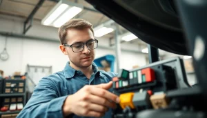 Mechanic examining fuses at https://bezpieczniki24.pl in an organized workshop environment.