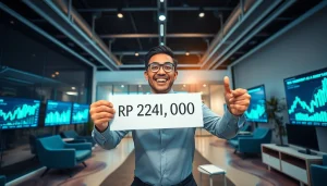 Celebrating financial success with BOX138, a businessperson in a modern office