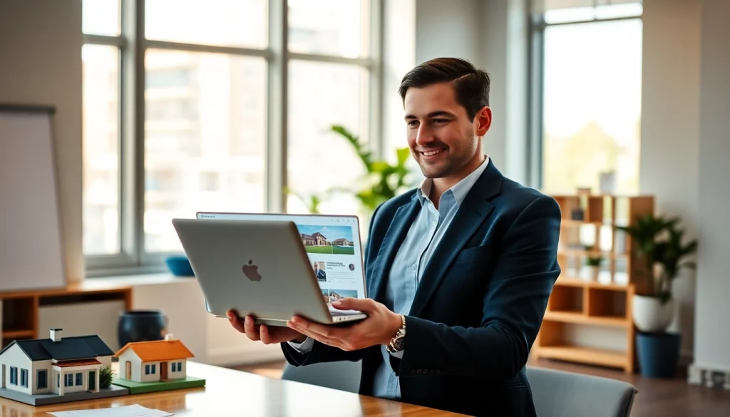 Showcase dynamic real estate environment with professional agent using technology.