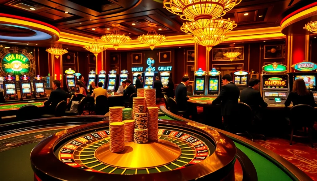 Players celebrating wins at vibrant casino tables on god345.co, showcasing poker chips and a roulette wheel.