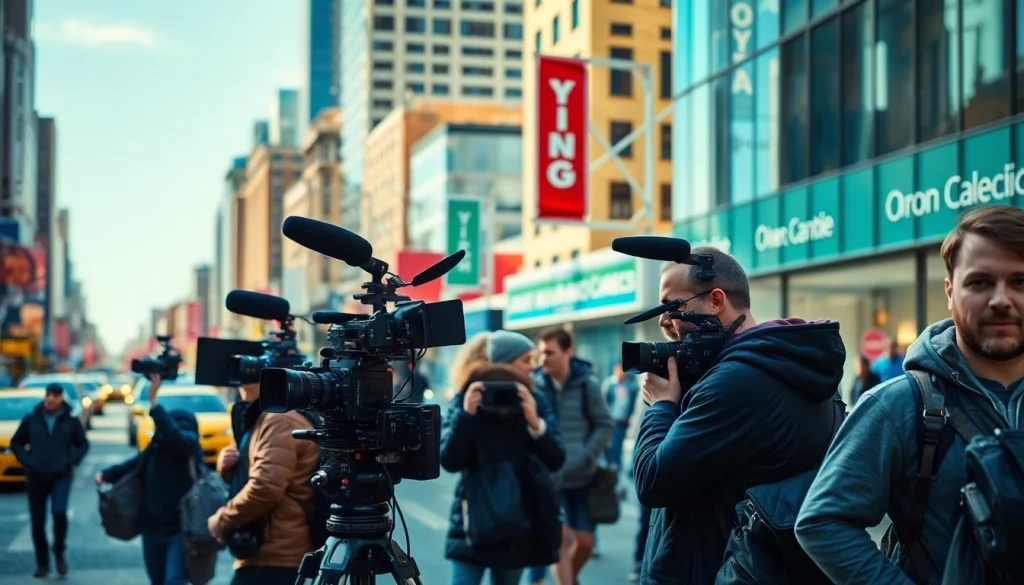 Video Production Company Calgary team filming a vibrant urban scene showcasing lively production activity.