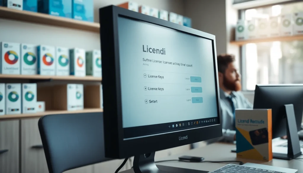 Display of Licendi software license keys in a professional workspace setting with a computer at focus.
