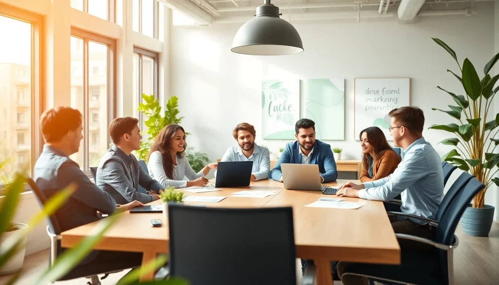 Showcase talented professionals at an Agency collaborating in a vibrant office space.