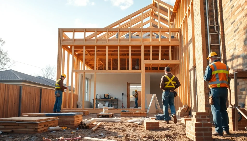 House extension construction site in Melbourne with builders, tools, and materials showcasing active work.