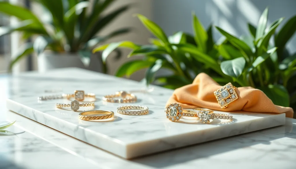 Showcase of VALENCIA KEY jewelry pieces elegantly displayed on a marble surface.