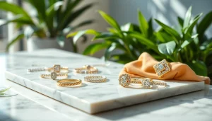 Showcase of VALENCIA KEY jewelry pieces elegantly displayed on a marble surface.