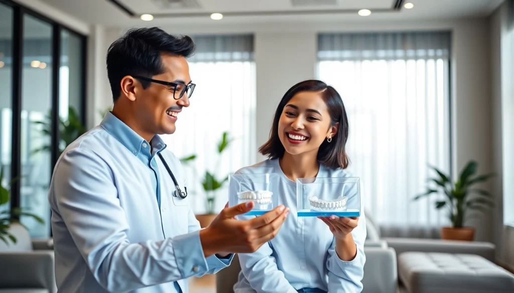 Invisalign treatment in Kuala Lumpur, showcasing a dentist consulting with a patient using a 3D model.