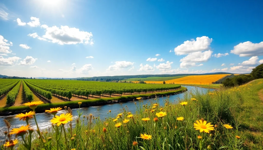Vibrant scenery of Clarksburg CA with lush vineyards and wildflowers under bright sunlight.