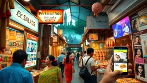 Lanka Ads marketplace scene showcasing personal and spa ads with vibrant vendor displays.