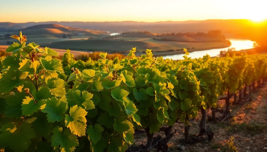 Discover picturesque vineyards in Carksburg CA with sunset hues and tranquil river views.