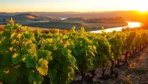 Discover picturesque vineyards in Carksburg CA with sunset hues and tranquil river views.