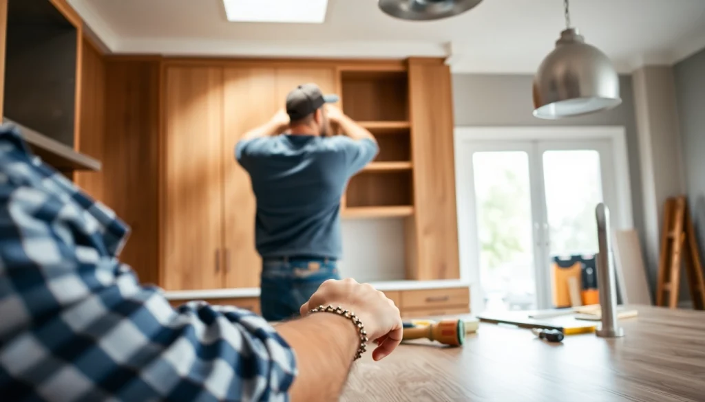 Transform a space with home renovation as a contractor skillfully remodels a kitchen.