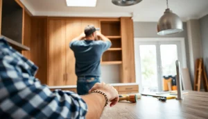 Transform a space with home renovation as a contractor skillfully remodels a kitchen.