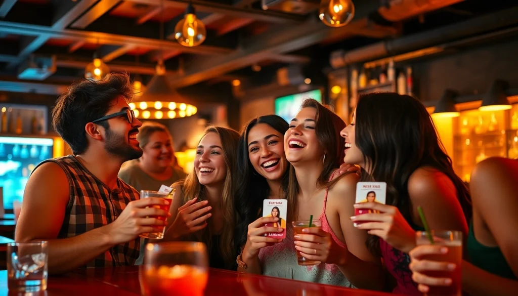 Friends enjoying nightlife with Club 21 ids at a stylish bar, showcasing fun and excitement.