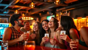 Friends enjoying nightlife with Club 21 ids at a stylish bar, showcasing fun and excitement.