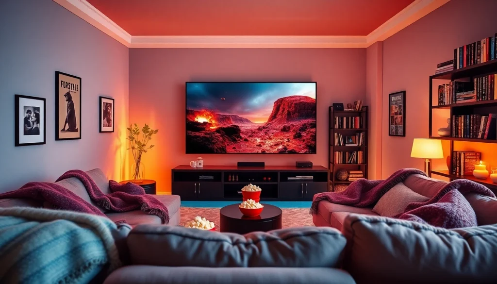 Enjoying films in a cozy home theater with a big screen and warm ambiance.