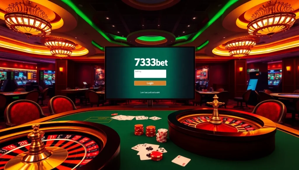 Engaging scene showcasing the 733bet Login interface amidst a luxurious casino setting with poker chips and roulette.