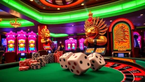 Experience the thrill of gambling with raja barong-themed slot machines and vibrant casino elements.