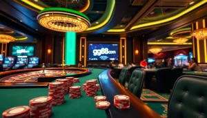 Experience the excitement of gaming at gg88.com with poker chips and a roulette wheel in play.