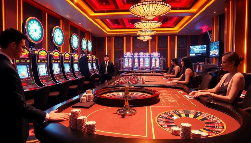 X88 casino scene with vibrant tables, card dealers, and luxury gaming atmosphere.