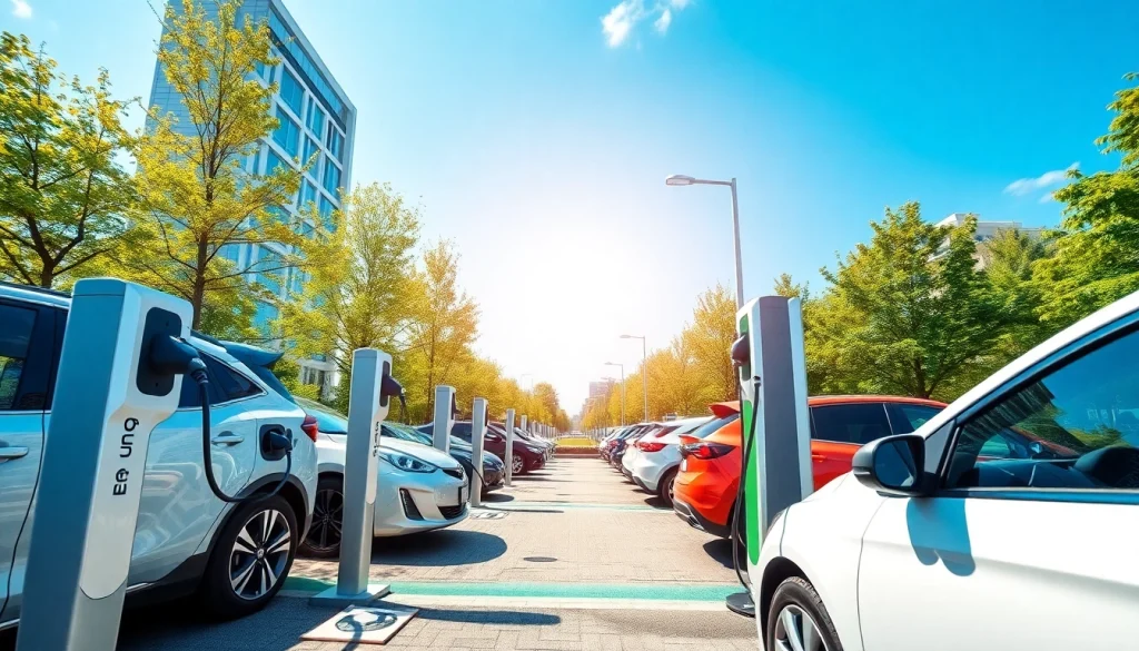 Showcasing EV charging news through a vibrant electric vehicle charging station in an urban environment
