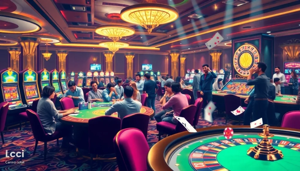 Leci123 | Link Login Alternatif Hiburan Online Untuk Semua Kalangan showcases an exciting casino floor with vibrant slots and tables.