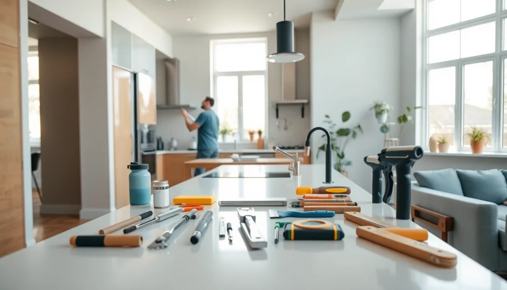 Transforming a space through home renovation in a bright kitchen with modern tools.