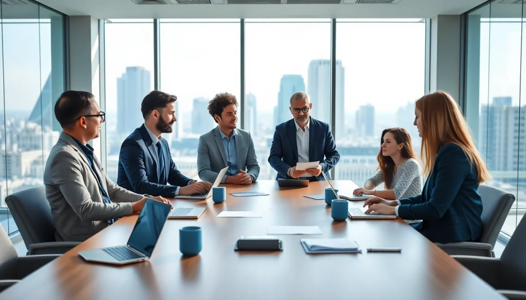 Business professionals collaborating in a modern office environment during a meeting.