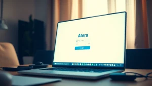 Atera login page displayed on a laptop screen in a calm workspace.