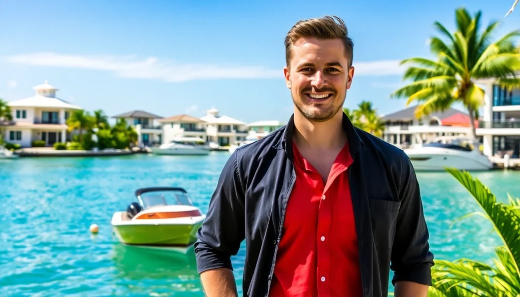 Dustin Rennie, leading Belize real estate expert, in front of luxurious canal-front homes in Mahogany Bay.