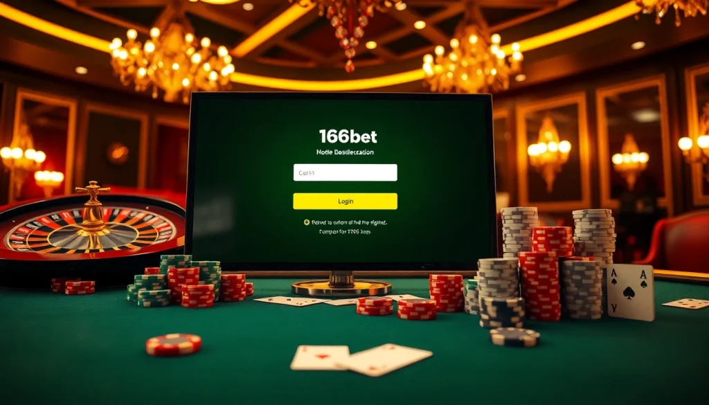 Engage with the exclusive 166bet Login interface amidst an exciting casino environment featuring poker chips and cards.