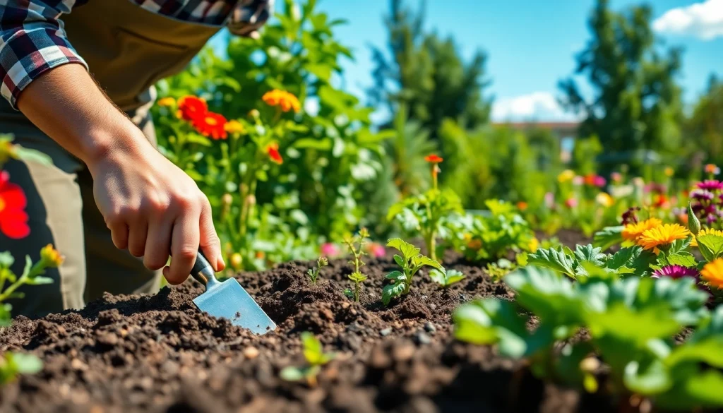 Gardening expert cultivating vibrant plants and soil in a healthy garden setting.